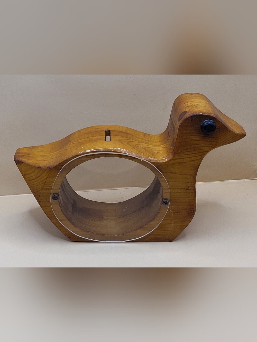 Vintage Handmade Wood Duck Piggy Bank See Through Center